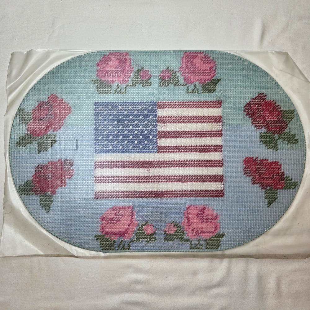 Vtg Handmade Needlepoint American Flag Roses Patriotic Oval Placemat Decor 17.5"
